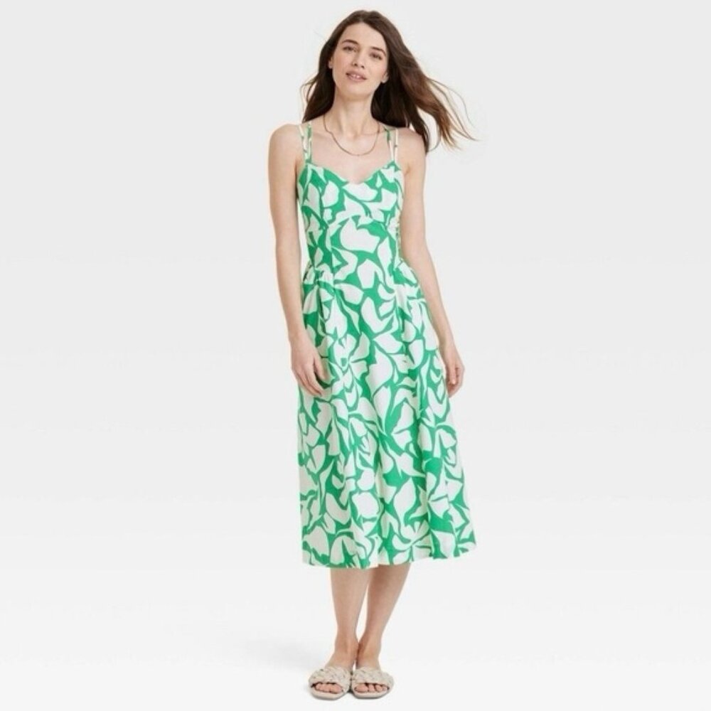 A New Day Target Green & Ivory Spaghetti Straps Midi Sun Dress - SZ L